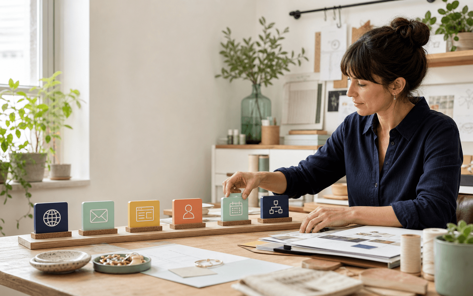 Szenische Darstellung einer Gründerwerkbank, auf der digitale Startmodule bewusst in eine Reihenfolge gesetzt werden.